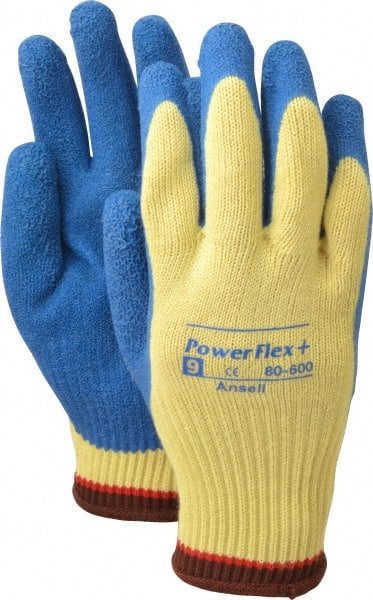 Ansell - Size L (9), ANSI Cut Lvl 2, Abrasion Lvl 4, Natural Rubber Latex Coated Cut Resistant Gloves - Palm & Fingers Coated, Kevlar Lining, Knit Wrist, Blue/Yellow, Paired - Exact Tooling