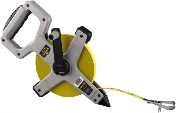 Komelon - 200' x 1/2" Yellow Steel Blade Tape Measure - 1/8" Graduation, Gray ABS Plastic Case - Exact Tooling