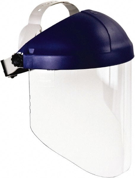 3M - Thermoplastic Blue Ratchet Adjustment, Face Shield & Headgear Set - 9" Wide x 14-1/4" High, Uncoated, Clear Window - Exact Tooling