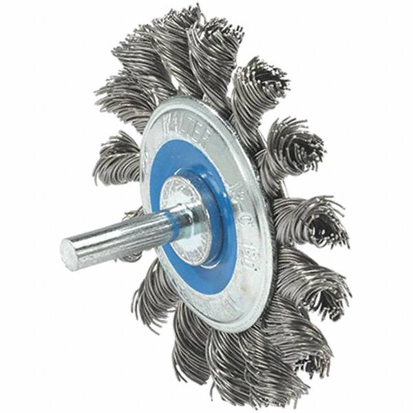 WALTER Surface Technologies - 2-3/4" OD, 1/4" Shank Diam, Knotted Stainless Steel Wheel Brush - 3/8" Face Width, 0.02" Filament Diam, 20,000 RPM - Exact Tooling