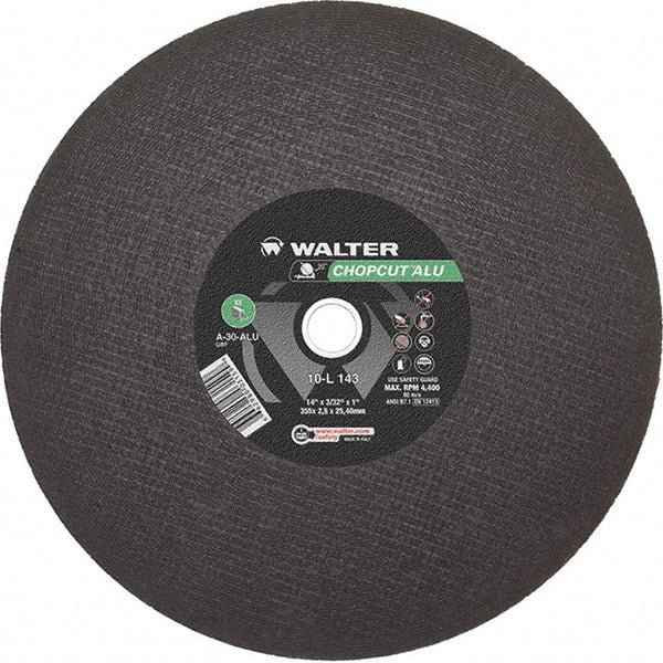 WALTER Surface Technologies - 14" 30 Grit Aluminum Oxide Cutoff Wheel - 3/32" Thick, 1" Arbor, 4,400 Max RPM, Use with Chop Saws - Exact Tooling