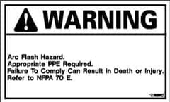 NMC - Accident Prevention Label, Header: WARNING - Legend: Warning - Arc Flash Hazard - Appropriate PPE Required - Failure to Comply Can Result in Death or Injury - Refer to NFPA 70E, English, Black & Orange, 5" Long x 3" High, Sign Muscle Finish - Exact Tooling