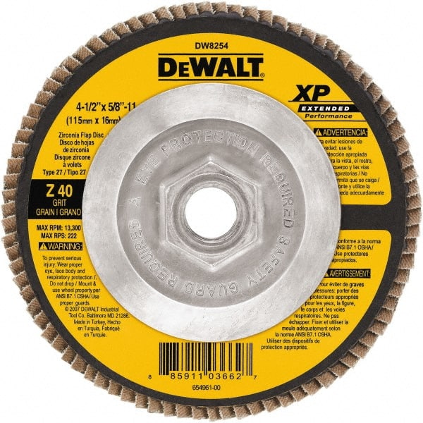 DeWALT - 40 Grit, 4-1/2" Disc Diam, 5/8-11 Center Hole, Type 27 Zirconia Alumina Flap Disc - 13,300 Max RPM, Cloth Backing, Arbor Attaching System, Coated - Exact Tooling