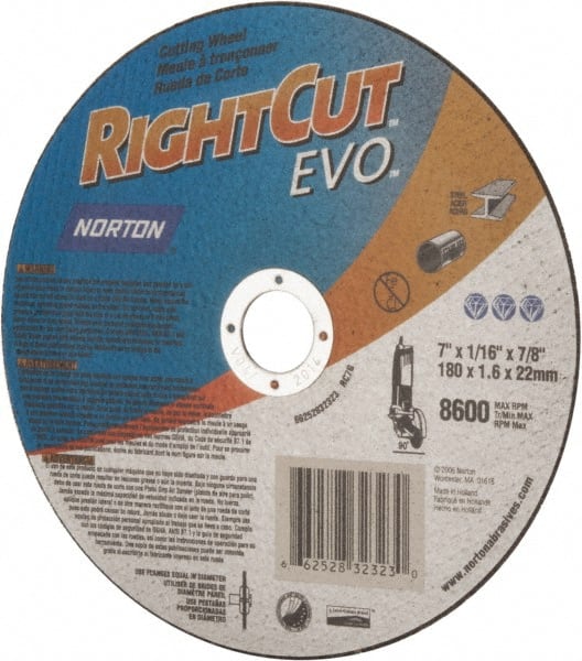 Norton - 7" Aluminum Oxide Cutoff Wheel - 0.045" Thick, 7/8" Arbor, 8,600 Max RPM, Use with Angle Grinders - Exact Tooling