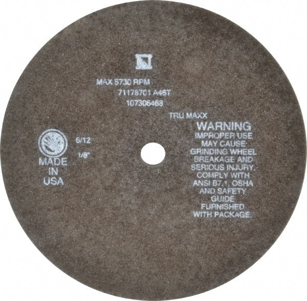 Tru-Maxx - 8" 46 Grit Aluminum Oxide Cutoff Wheel - 1/8" Thick, 5/8" Arbor, 4,536 Max RPM, Use with Stationary Tools - Exact Tooling