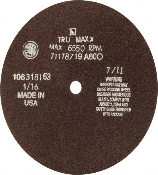 Tru-Maxx - 7" 60 Grit Aluminum Oxide Cutoff Wheel - 1/16" Thick, 1/2" Arbor, 5,184 Max RPM, Use with Stationary Tools - Exact Tooling