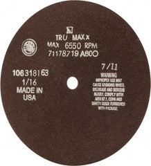 Tru-Maxx - 7" 60 Grit Aluminum Oxide Cutoff Wheel - 1/16" Thick, 1/2" Arbor, 5,184 Max RPM, Use with Stationary Tools - Exact Tooling