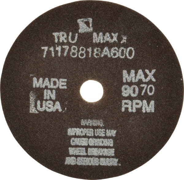 Tru-Maxx - 4" 60 Grit Aluminum Oxide Cutoff Wheel - 1/16" Thick, 1/2" Arbor, 9,072 Max RPM, Use with Stationary Tools - Exact Tooling