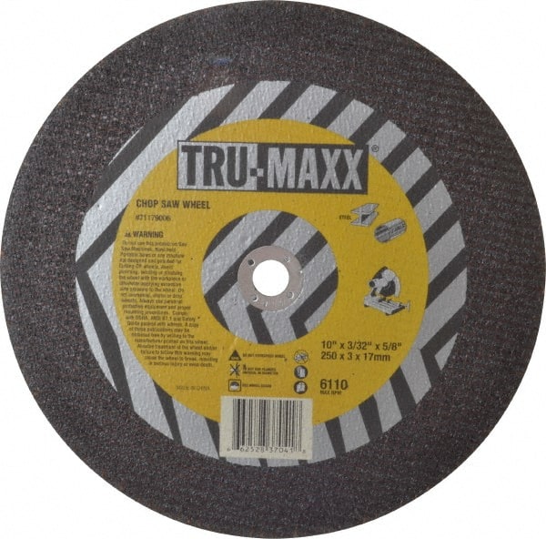 Tru-Maxx - 10" 36 Grit Aluminum Oxide Cutoff Wheel - 3/32" Thick, 5/8" Arbor, 6,112 Max RPM, Use with Stationary Tools - Exact Tooling