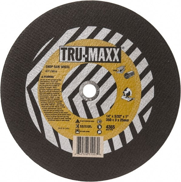 Tru-Maxx - 14" 36 Grit Aluminum Oxide Cutoff Wheel - 3/32" Thick, 1" Arbor, 4,365 Max RPM, Use with Chop Saws - Exact Tooling