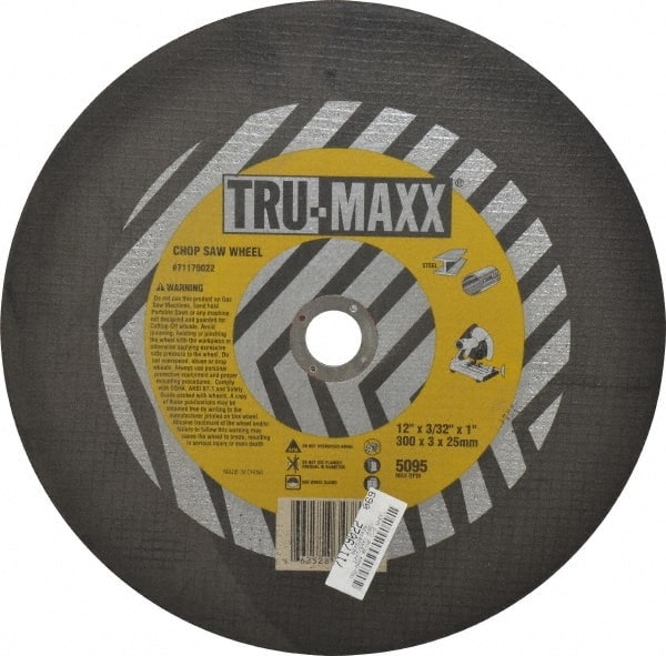 Tru-Maxx - 12" 36 Grit Aluminum Oxide Cutoff Wheel - 3/32" Thick, 1" Arbor, 5,095 Max RPM, Use with Chop Saws - Exact Tooling