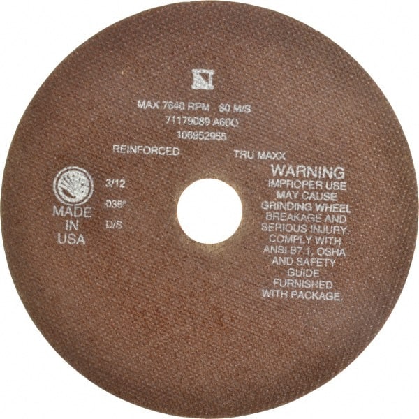 Tru-Maxx - 8" 60 Grit Aluminum Oxide Cutoff Wheel - 0.035" Thick, 1-1/4" Arbor, 7,639 Max RPM, Use with Stationary Tools - Exact Tooling