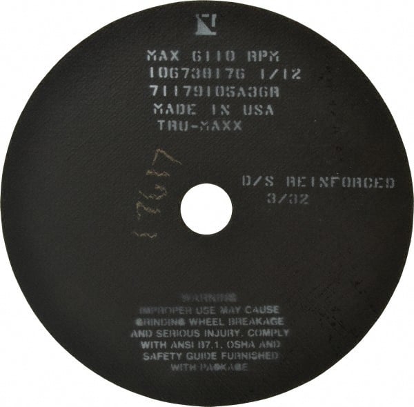 Tru-Maxx - 10" 36 Grit Aluminum Oxide Cutoff Wheel - 3/32" Thick, 1-1/4" Arbor, 6,112 Max RPM, Use with Stationary Tools - Exact Tooling