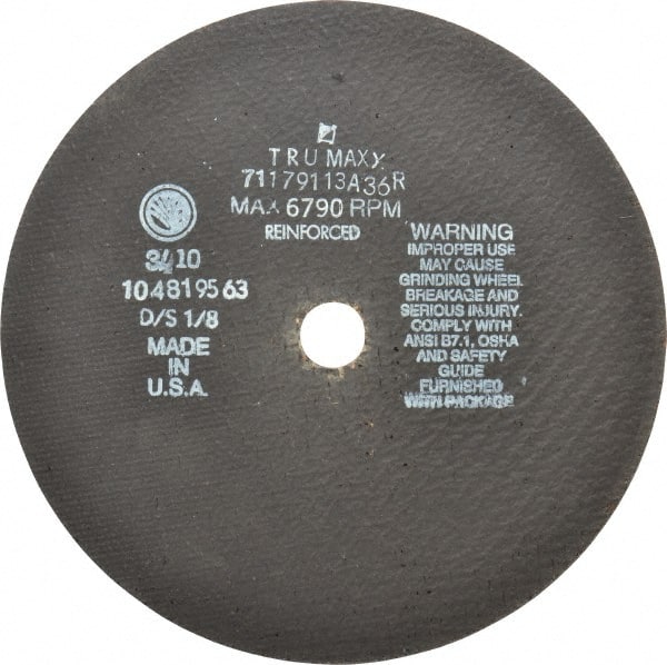 Tru-Maxx - 9" 36 Grit Aluminum Oxide Cutoff Wheel - 1/8" Thick, 7/8" Arbor, 6,791 Max RPM, Use with Angle Grinders - Exact Tooling