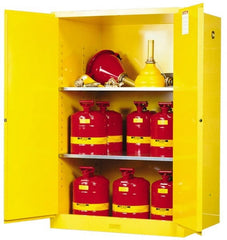 Justrite - 2 Door, 2 Shelf, Yellow Steel Standard Safety Cabinet for Flammable and Combustible Liquids - 65" High x 43" Wide x 34" Deep, Manual Closing Door, 3 Point Key Lock, 90 Gal Capacity - Exact Tooling