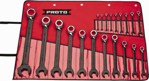 Proto - 20 Piece, 7/32" to 1-1/2", 12 Point Combination Wrench Set - Inch Measurement Standard, Black/Chrome Finish, Comes in Pouch - Exact Tooling