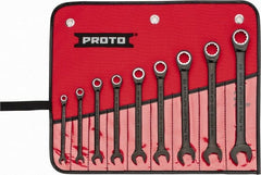 Proto - 9 Piece, 1/4" to 3/4", Ratcheting Combination Wrench Set - 12 Point, Black/Chrome Finish, Comes in Pouch - Exact Tooling