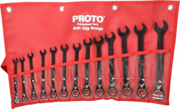 Proto - 13 Piece, 7mm to 19mm, 12 Point Combination Wrench Set - Metric Measurement Standard, Black/Chrome Finish, Comes in Pouch - Exact Tooling