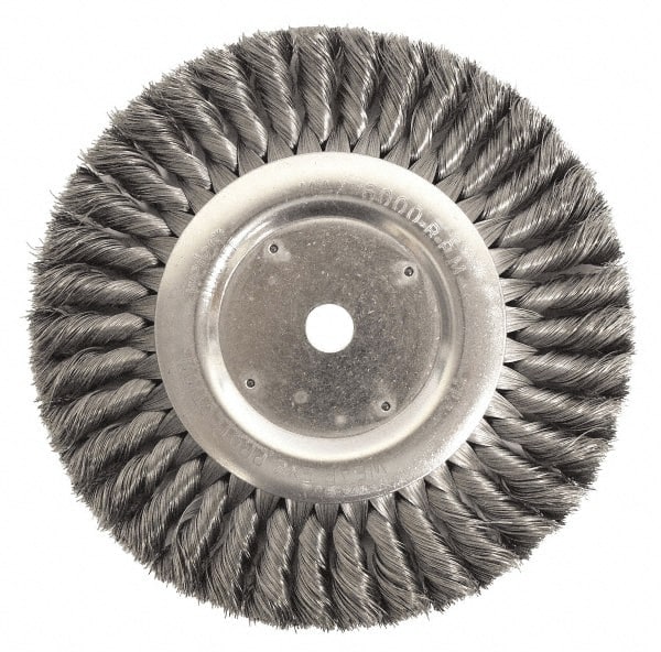 Weiler - 10" OD, 3/4" Arbor Hole, Knotted Steel Wheel Brush - 3/4" Face Width, 1-3/4" Trim Length, 0.014" Filament Diam, 4,500 RPM - Exact Tooling