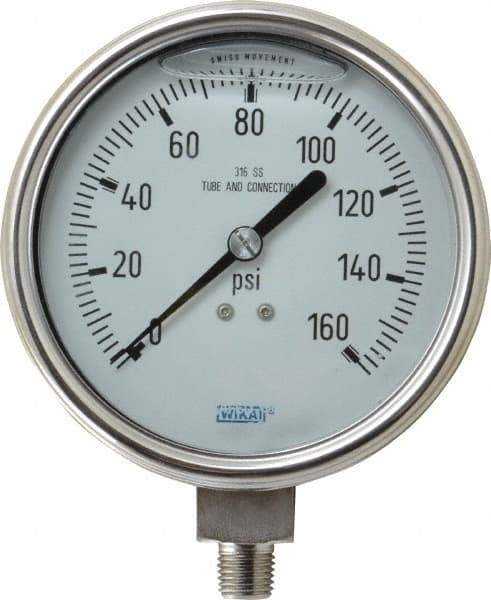 Wika - 4" Dial, 1/4 Thread, 0-160 Scale Range, Pressure Gauge - Lower Connection Mount, Accurate to 1% of Scale - Exact Tooling