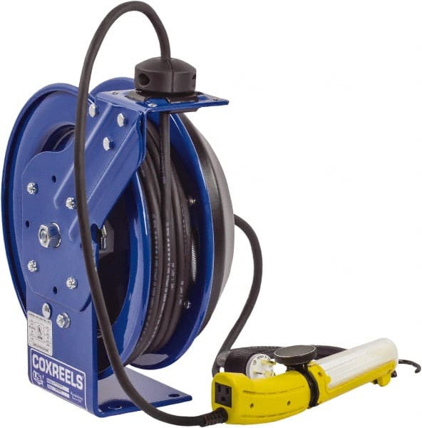 CoxReels - 16 AWG, 50' Cable Length, Cord & Cable Reel with Fluorescent Angle Light with Tool Tap Plug End - 1 Outlet, 13 Amps, 115 Volts, SJTO Cable, Blue Reel, Spring Driven Reel - Exact Tooling