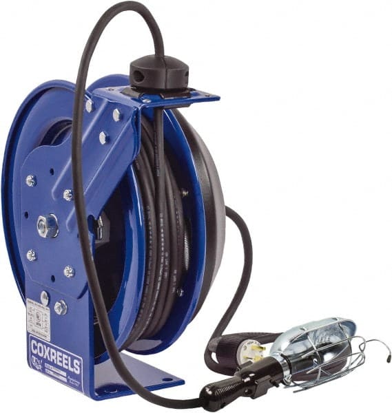 CoxReels - 16 AWG, 100' Cable Length, Cord & Cable Reel with Incandescent Hand Lamp with Tool Tap Plug End - 1 Outlet, NEMA 5-15R, 13 Amps, 115 Volts, SJTO Cable, Blue Reel, Spring Driven Reel - Exact Tooling