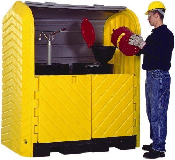 UltraTech - 41-1/4" Wide x 67-1/4" Deep x 74" High, Polyethylene Vertical Drum Cabinet - Yellow/Black, Roll Top & Swing-out Barn Style Door, 1 Shelf, 2 Drums - Exact Tooling