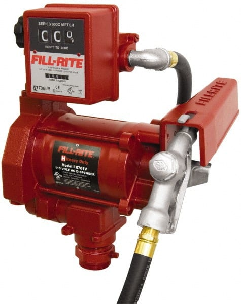 Tuthill - 20 GPM, 3/4" Hose Diam, AC Tank Pump with Manual Nozzle & 807C Meter - 1-1/4" Inlet, 3/4" Outlet, 115 Volts, 12' Hose Length, 1/3 hp - Exact Tooling