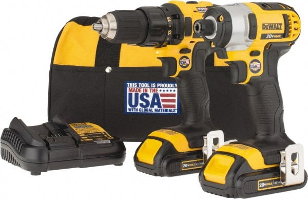 DeWALT - 9 Piece 20 Volt Cordless Tool Combination Kit - Includes 1/2" Drill/Driver & 1/4" Impact Driver, Lithium-Ion Battery Included - Exact Tooling