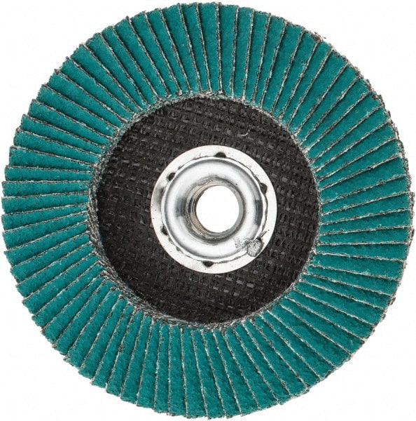 3M - 40 Grit, 4-1/2" Disc Diam, 5/8-11 Center Hole, Type 27 Zirconia Alumina Flap Disc - 13,300 Max RPM, Cloth Backing, Arbor Attaching System, Coated - Exact Tooling