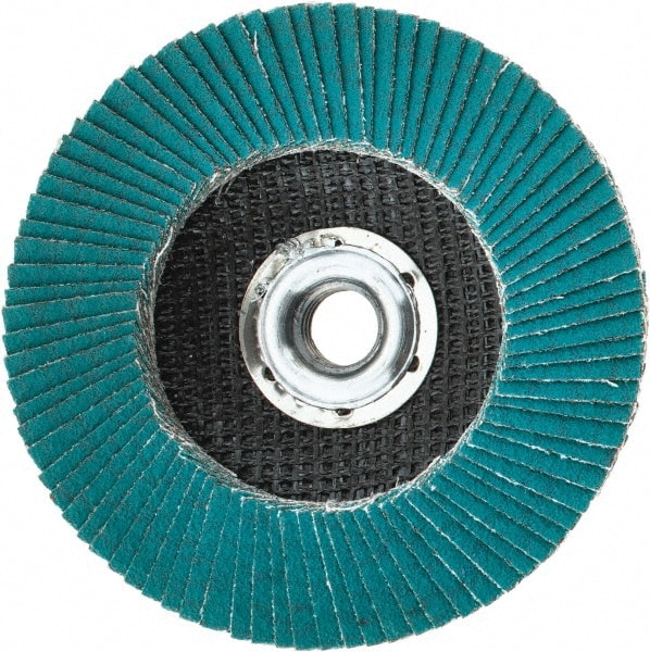 3M - 80 Grit, 4-1/2" Disc Diam, 5/8-11 Center Hole, Type 27 Zirconia Alumina Flap Disc - 13,300 Max RPM, Cloth Backing, Arbor Attaching System, Coated - Exact Tooling