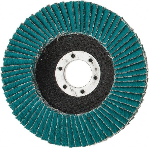 3M - 36 Grit, 4-1/2" Disc Diam, 7/8" Center Hole, Type 27 Zirconia Alumina Flap Disc - 13,300 Max RPM, Cloth Backing, Arbor Attaching System, Coated - Exact Tooling