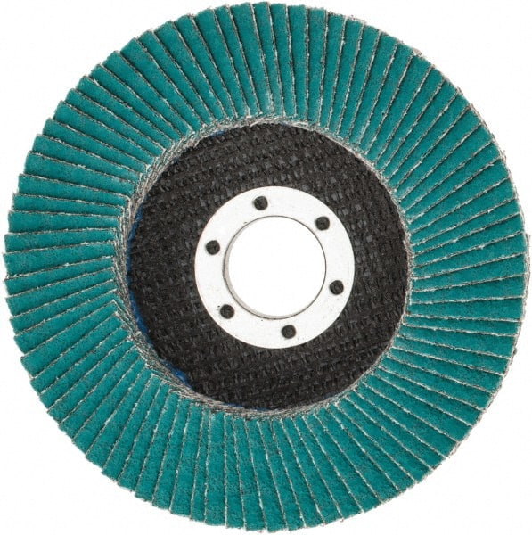 3M - 60 Grit, 4-1/2" Disc Diam, 7/8" Center Hole, Type 27 Zirconia Alumina Flap Disc - 13,300 Max RPM, Cloth Backing, Arbor Attaching System, Coated - Exact Tooling