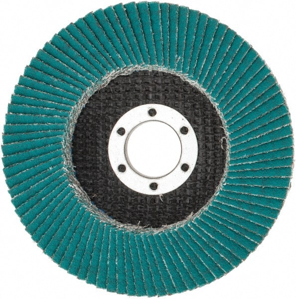 3M - 80 Grit, 4-1/2" Disc Diam, 7/8" Center Hole, Type 27 Zirconia Alumina Flap Disc - 13,300 Max RPM, Cloth Backing, Arbor Attaching System, Coated - Exact Tooling