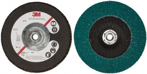 3M - 40 Grit, 7" Disc Diam, 5/8-11 Center Hole, Type 27 Zirconia Alumina Flap Disc - 8,600 Max RPM, Cloth Backing, Arbor Attaching System, Coated - Exact Tooling