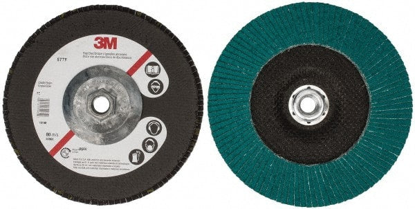 3M - 60 Grit, 7" Disc Diam, 5/8-11 Center Hole, Type 27 Zirconia Alumina Flap Disc - 8,600 Max RPM, Cloth Backing, Arbor Attaching System, Coated - Exact Tooling