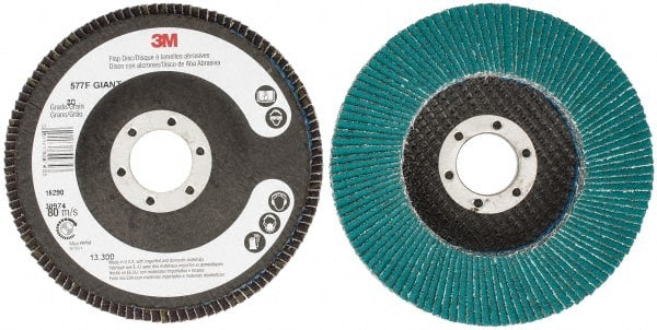 3M - 80 Grit, 4-1/2" Disc Diam, 7/8" Center Hole, Type 27 Zirconia Alumina Flap Disc - 13,300 Max RPM, Cloth Backing, Arbor Attaching System, Coated - Exact Tooling