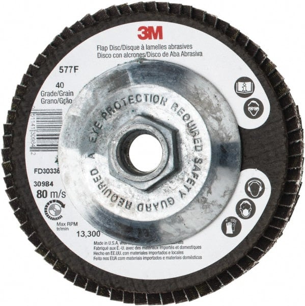 3M - 40 Grit, 4-1/2" Disc Diam, 5/8-11 Center Hole, Type 29 Zirconia Alumina Flap Disc - 13,300 Max RPM, Cloth Backing, Arbor Attaching System, Coated - Exact Tooling