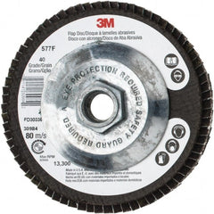 3M - 40 Grit, 4-1/2" Disc Diam, 5/8-11 Center Hole, Type 29 Zirconia Alumina Flap Disc - 13,300 Max RPM, Cloth Backing, Arbor Attaching System, Coated - Exact Tooling