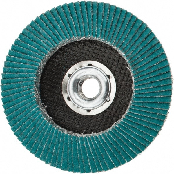 3M - 80 Grit, 4-1/2" Disc Diam, 5/8-11 Center Hole, Type 29 Zirconia Alumina Flap Disc - 13,300 Max RPM, Cloth Backing, Arbor Attaching System, Coated - Exact Tooling