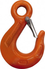 CM - Chain Grade 100, 4,300 Lbs. Load Limit Eye Sling Hook with Latch - 2-1/2 Inch Hook Throat, 4-3/4 Inch Reach, 0.63 Inch Eye Inside Diameter, 9/32 Inch Chain Diameter, 6.45 Inch Overall Length, 0.47 Inch Eye Thickness - Exact Tooling