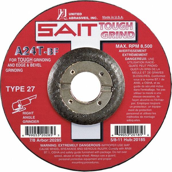 Sait - 24 Grit, 5" Wheel Diam, 1/4" Wheel Thickness, 7/8" Arbor Hole, Type 27 Depressed Center Wheel - Aluminum Oxide, Resinoid Bond, T Hardness, 12,200 Max RPM, Compatible with Angle Grinder - Exact Tooling