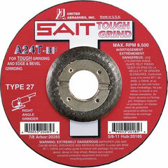 Sait - 24 Grit, 5" Wheel Diam, 1/4" Wheel Thickness, 7/8" Arbor Hole, Type 27 Depressed Center Wheel - Aluminum Oxide, Resinoid Bond, T Hardness, 12,200 Max RPM, Compatible with Angle Grinder - Exact Tooling