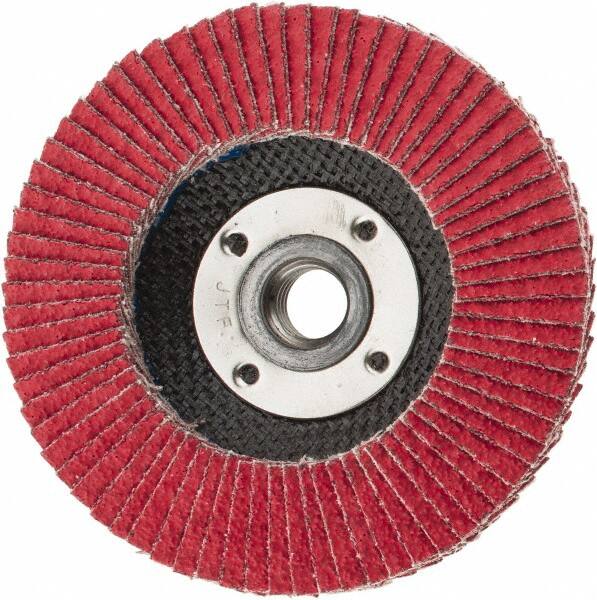 Weiler - 40 Grit, 4-1/2" Disc Diam, 5/8-11 Center Hole, Type 29 Ceramic Flap Disc - 13,000 Max RPM, Phenolic Backing, Arbor Attaching System, Coated - Exact Tooling