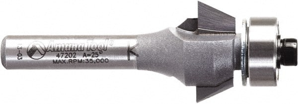Amana Tool - 3/4" Cut Diam, 9/32" Length of Cut, 2 Flute Chamfer Edge Profile Router Bit - Carbide-Tipped, 1/4" Shank Diam, 2-3/32" OAL, Uncoated - Exact Tooling