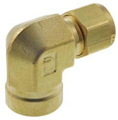 Parker - 5/16" OD, Brass Female Elbow - 2,800 Max Working psi, 11/16" Hex, Comp x FNPT Ends - Exact Tooling