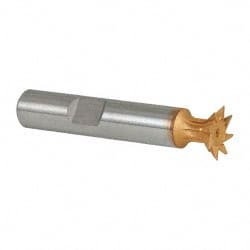 Made in USA - 1/2" Diam x 1/8" Width of Cut, 45° Included Angle, High Speed Steel Dovetail Cutter - 3/8" Shank Diam, 2" Shank Length, 2-1/8" Overall Length, Weldon Flat, TiN Coated - Exact Tooling