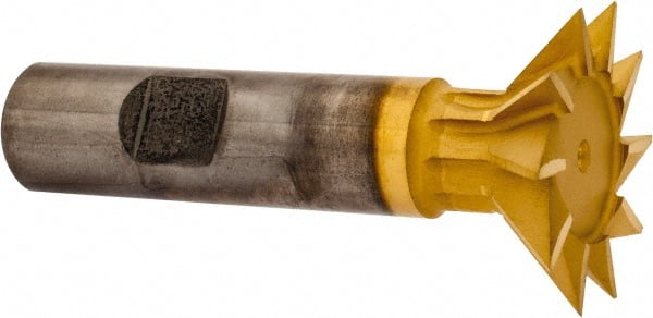 Made in USA - 1-3/8" Diam x 3/8" Width of Cut, 45° Included Angle, High Speed Steel Dovetail Cutter - 5/8" Shank Diam, 2-1/2" Shank Length, 2-7/8" Overall Length, Weldon Flat, TiN Coated - Exact Tooling
