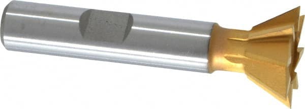 Made in USA - 3/4" Diam x 5/16" Width of Cut, 60° Included Angle, High Speed Steel Dovetail Cutter - 3/8" Shank Diam, 2-1/8" Overall Length, Weldon Flat, TiN Coated - Exact Tooling
