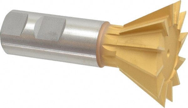 Made in USA - 2-1/4" Diam x 1-1/16" Width of Cut, 60° Included Angle, High Speed Steel Dovetail Cutter - 1" Shank Diam, 3-3/4" Overall Length, Weldon Flat, TiN Coated - Exact Tooling